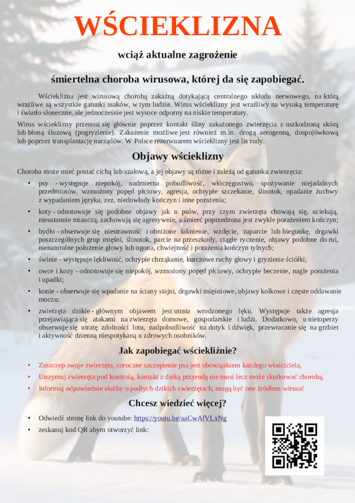 plakat, Wścieklizna - wciąż aktualne zagrożenie - śmiertelna choroba wirusowa, której da się zapobiegać.